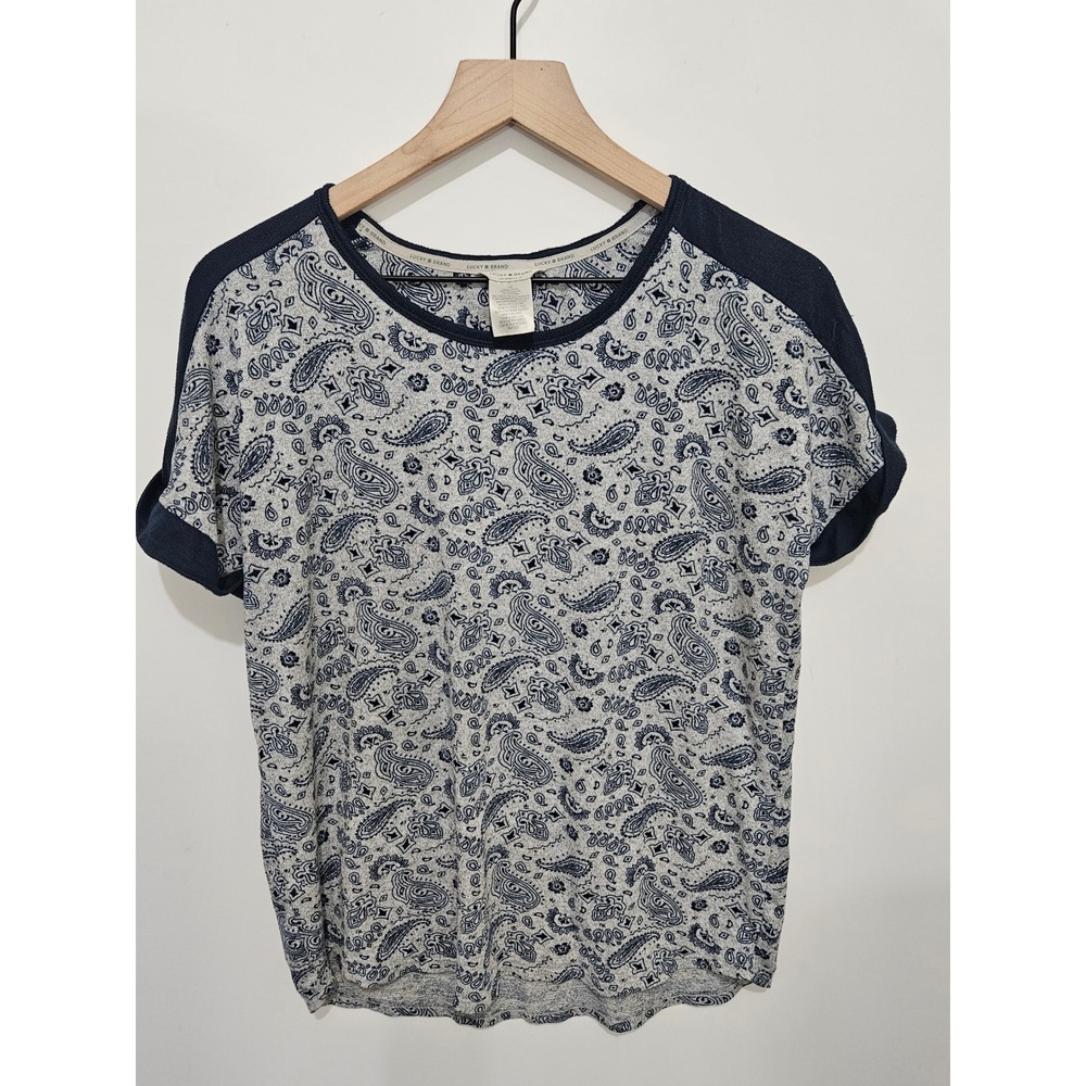 Lucky Brand Womens Navy Grey Paisley Short Sleeve Crew Neck Top Large